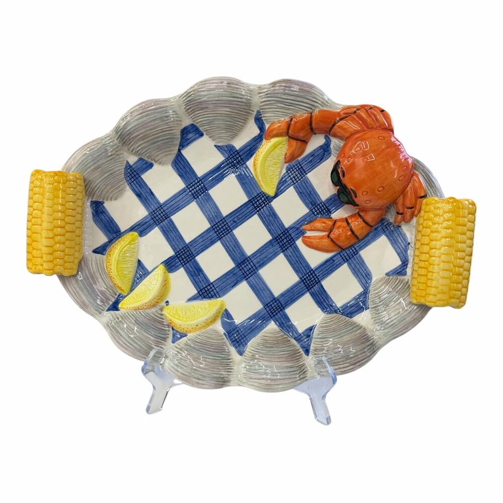 Vintage 1998 Lotus Platter Crramic Crab Corn Coastal RARE Collectible